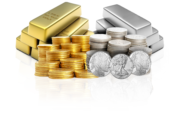gold bars, gold coins, silver coins